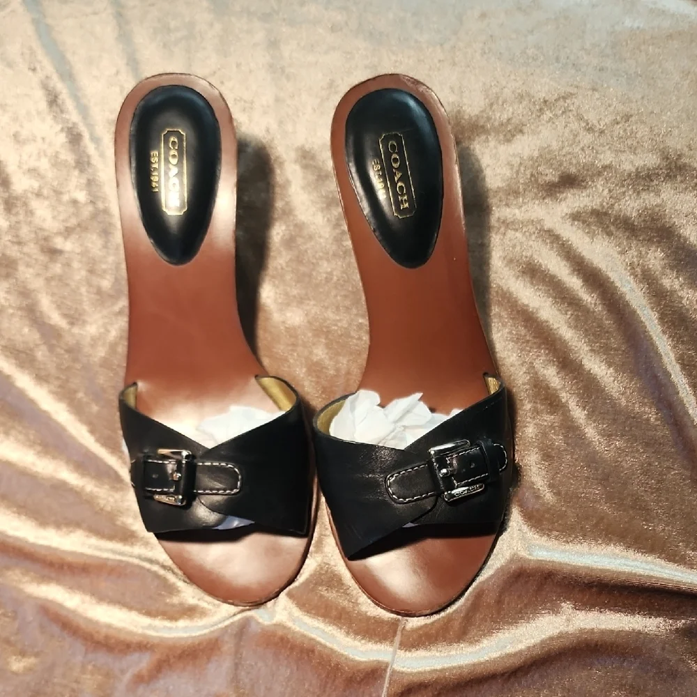 Coach Black Leather Paulena Wedges Mules with Buckle - Picture 4 of 4